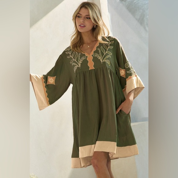 Olive Green Beige floral Embroidered V neck boho bohemian casual